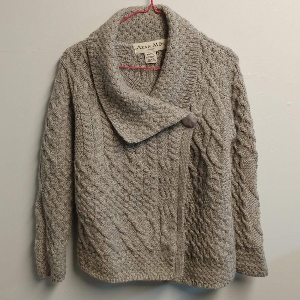 Aran Mor Ireland 100% Merino Wool Cardigan Women's Sweater Cable Knit Shawl S - Picture 2 of 9